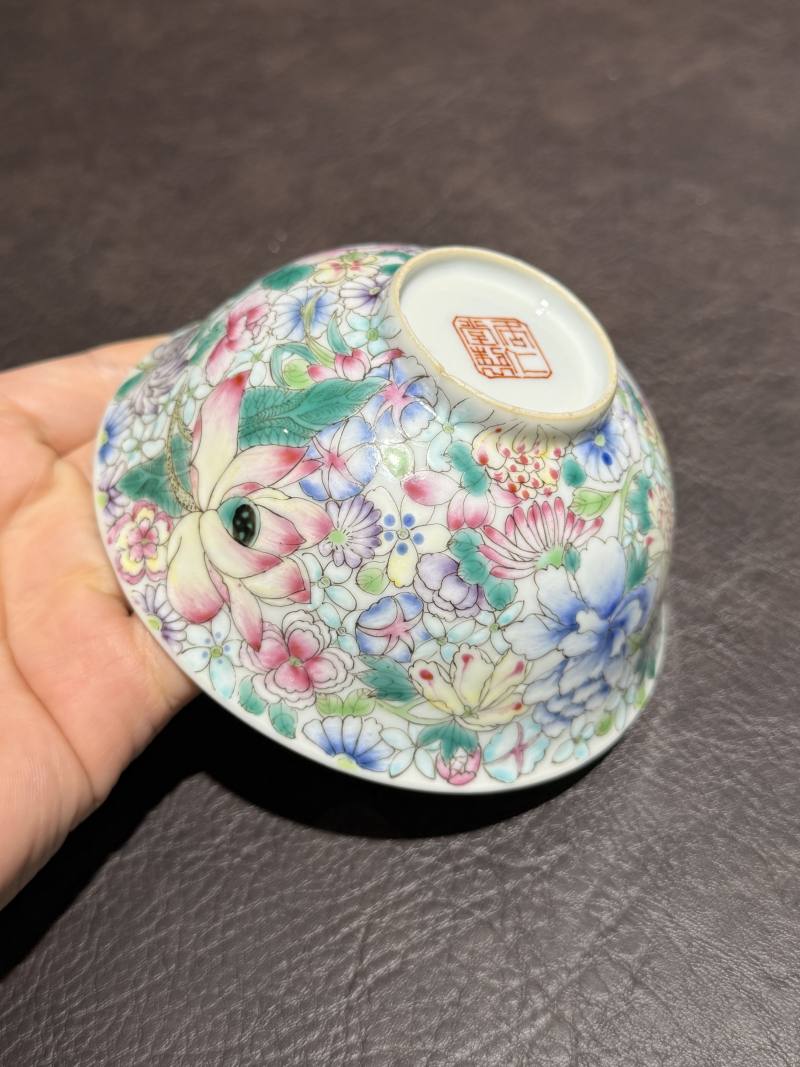 民国 粉彩百花不露地碗一对 - 图7