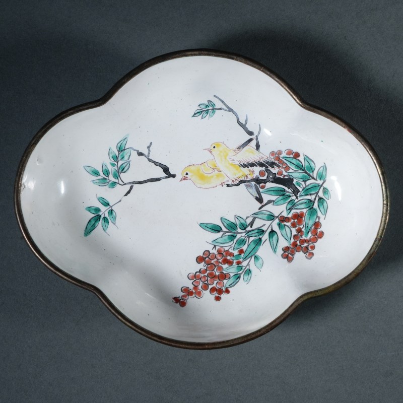 清晚期 铜胎画珐琅花鸟纹海棠碟四只 - 图7