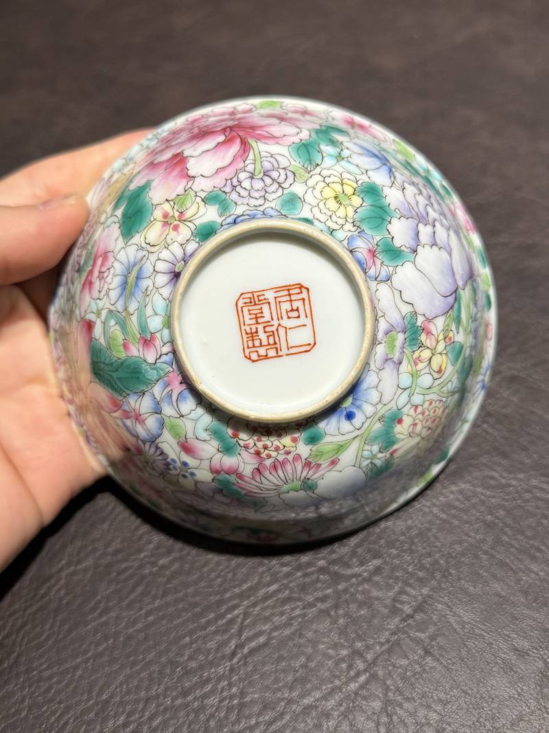 民国 粉彩百花不露地碗一对 - 图8