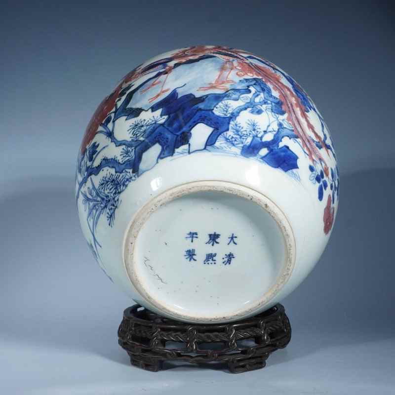 清康熙青花釉里红花鸟卷缸 - 图3