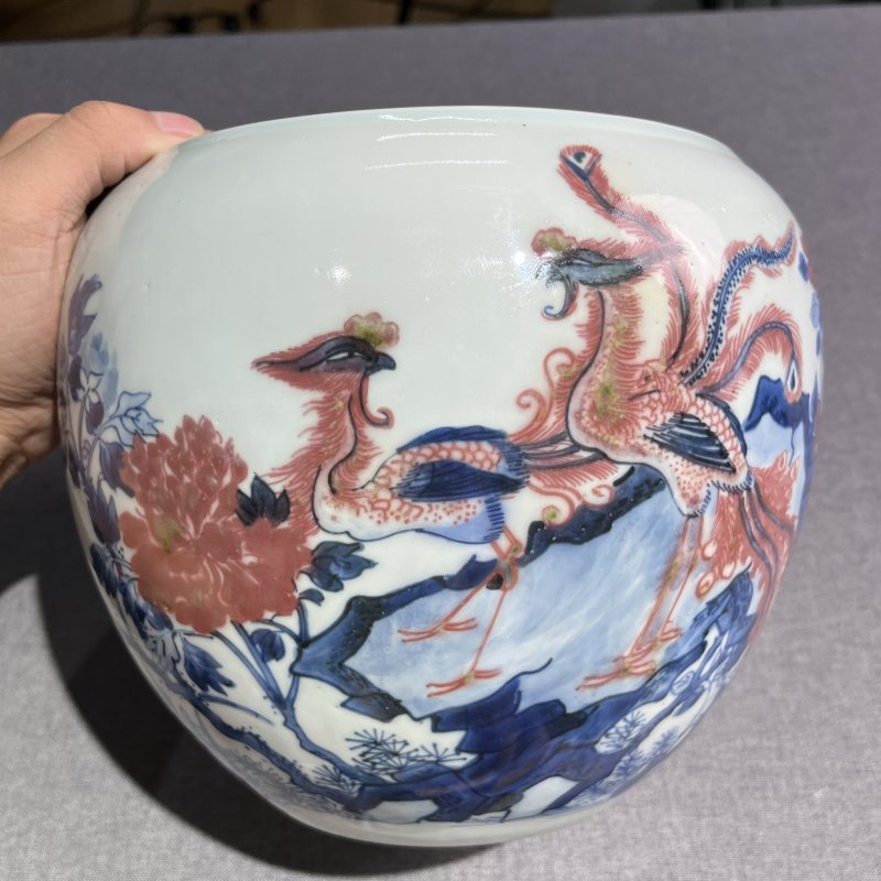 清康熙青花釉里红花鸟卷缸 - 图4