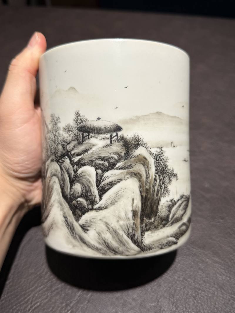 清 墨彩山水笔筒 - 图7