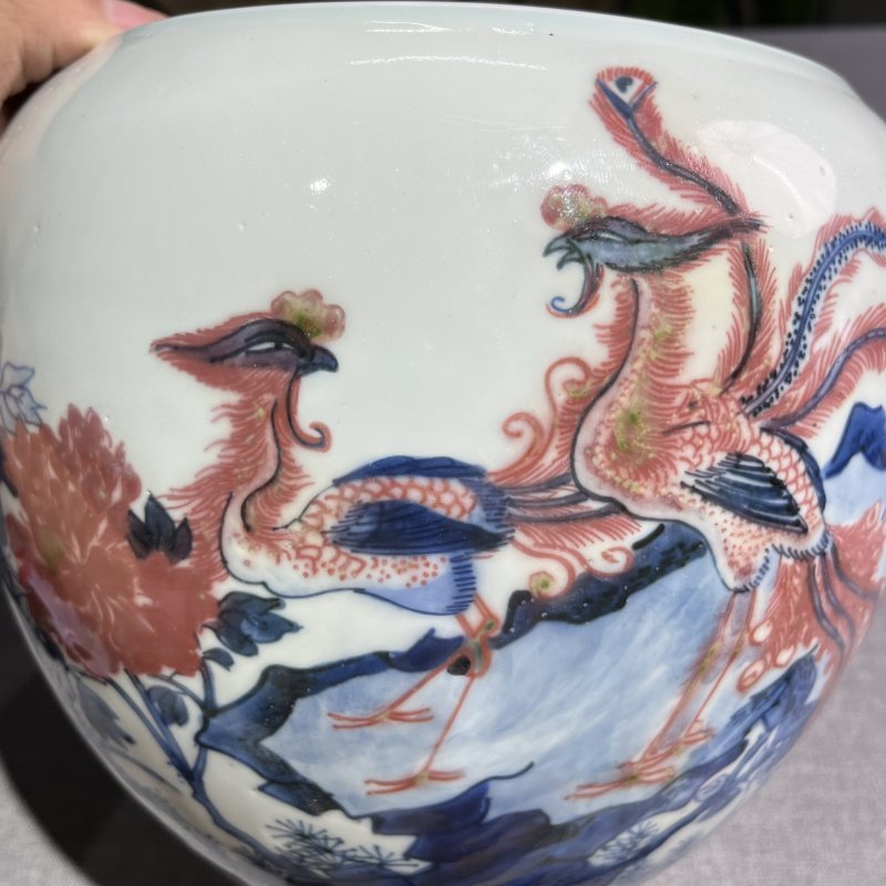 清康熙青花釉里红花鸟卷缸 - 图5