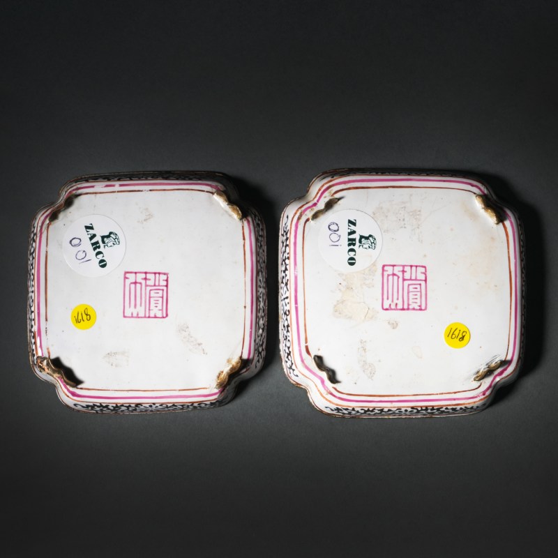 清乾隆 铜胎画珐琅浪子回头图故事纹四方倭角碟二件 - 图4
