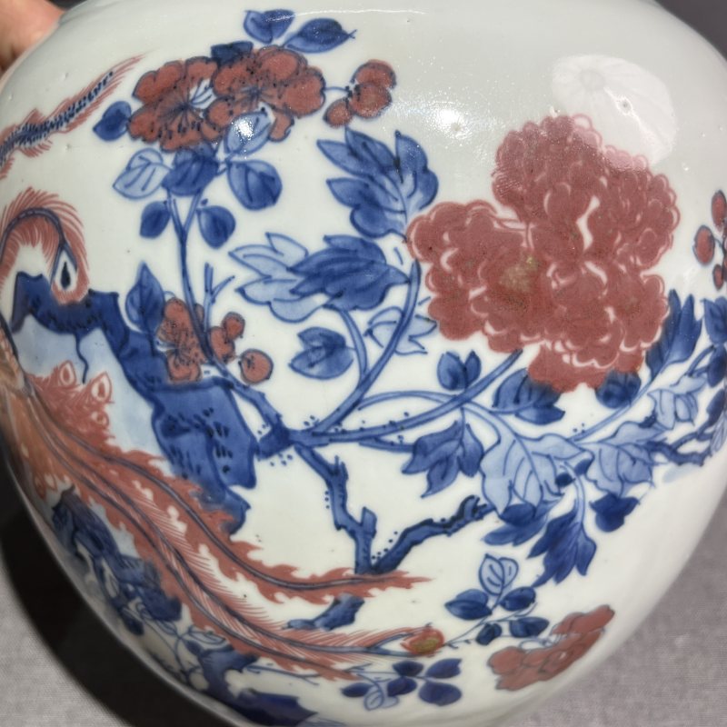 清康熙青花釉里红花鸟卷缸 - 图6