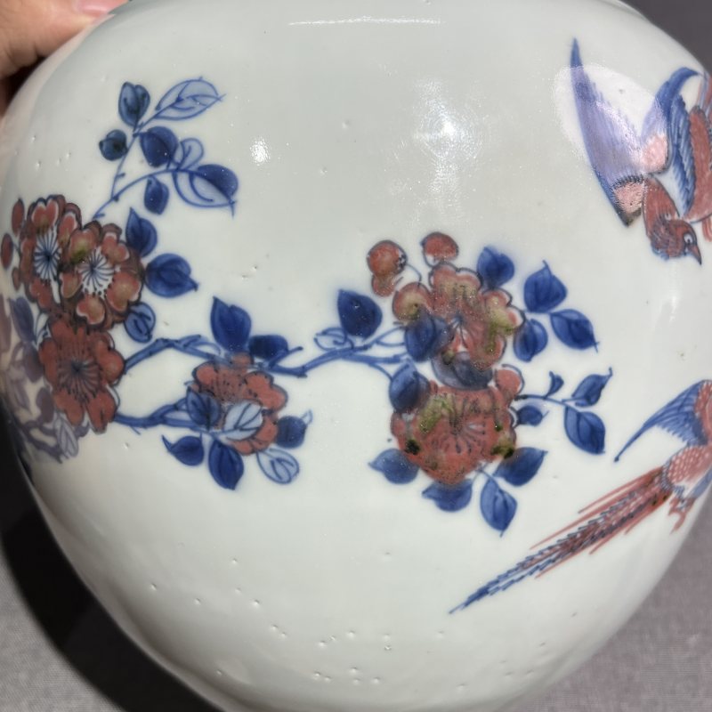 清康熙青花釉里红花鸟卷缸 - 图7