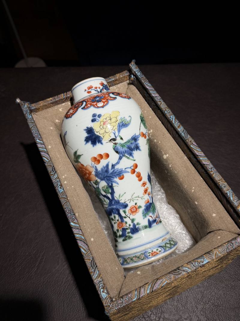 清康熙 青花五彩花鸟梅瓶 - 图2