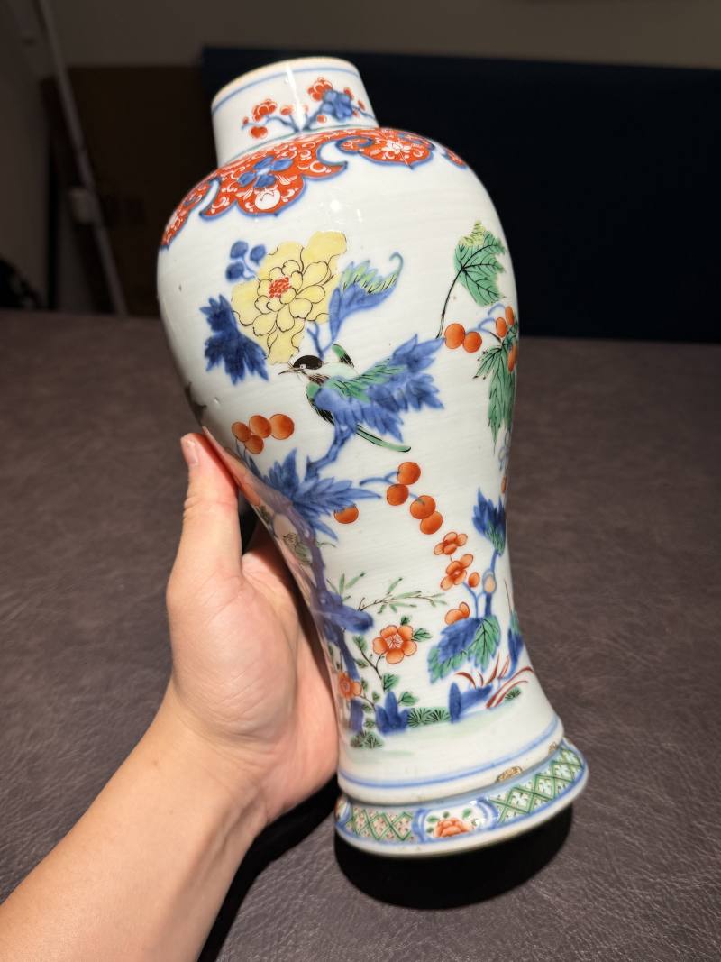 清康熙 青花五彩花鸟梅瓶 - 图3