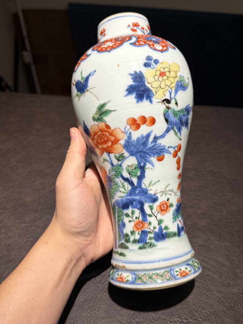 清康熙 青花五彩花鸟梅瓶 - 图4
