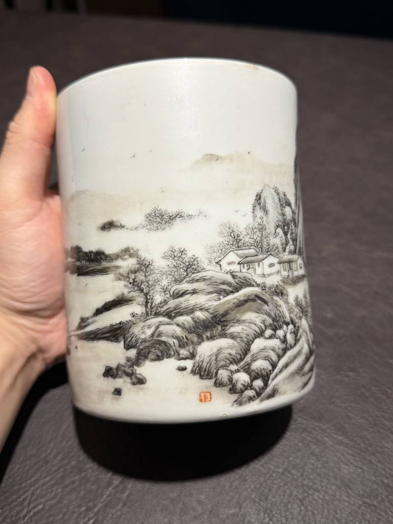 清 墨彩山水笔筒 - 图12