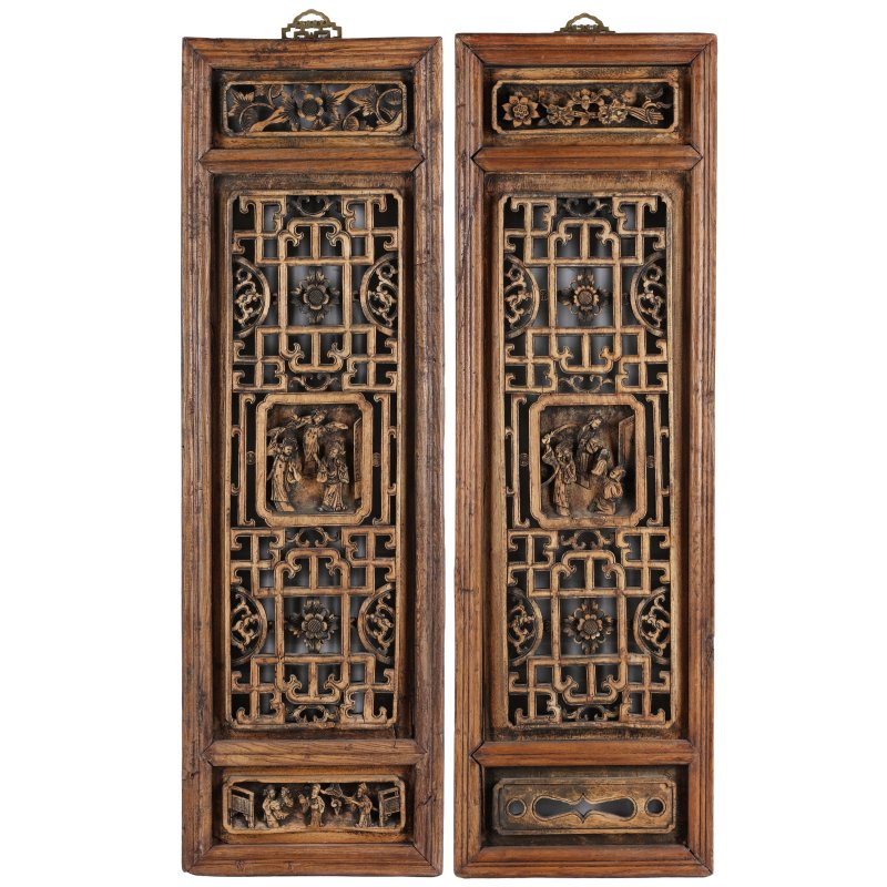 十九世紀 木雕人物故事圖板一對 | Two Chinese carved wood 'figural' panels, 19th century