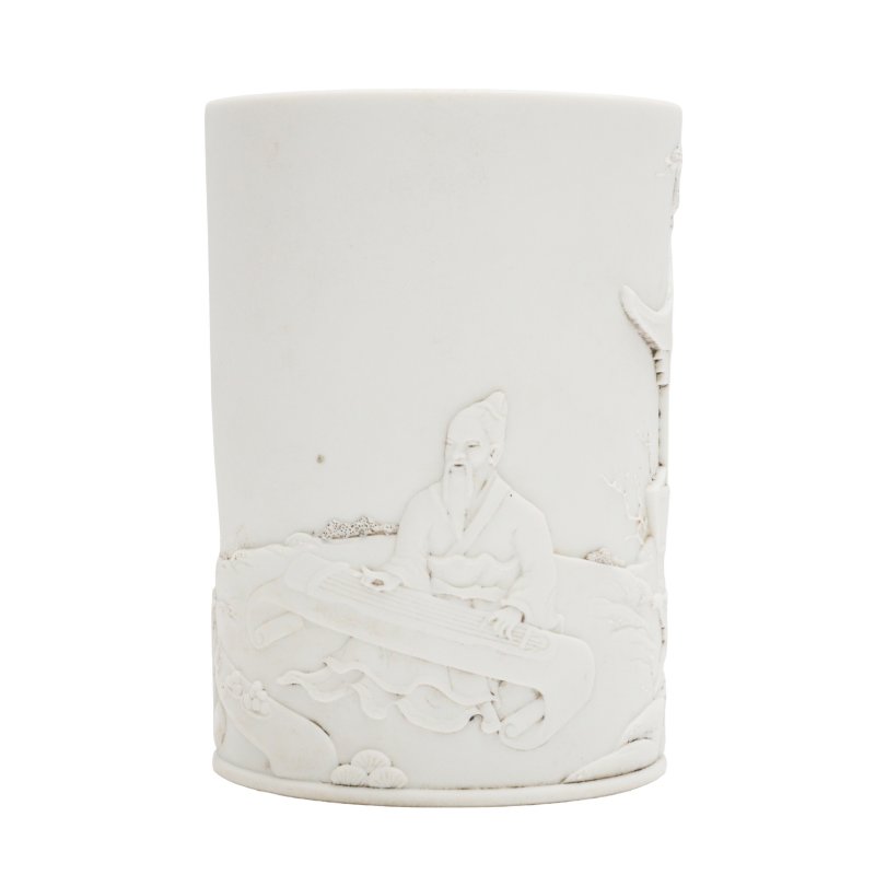 十九/二十世紀 素胎雕高士圖筆筒《王炳榮造》款 | A Chinese carved biscuit brush pot, 19th-20th century, Wang Bingrong mark