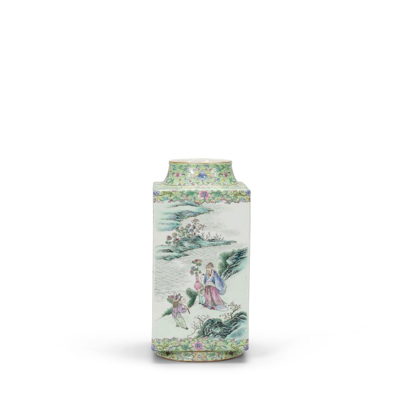 清道光 綠地粉彩四愛圖琮式瓶 | A GREEN-GROUND FAMILLE-ROSE 'CONG' VASE - 图4