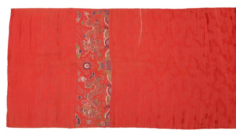 清十九世紀 紅地織錦雲龍戲珠圖吉服袍料 | A fine Chinese woven ruby-ground 'dragon' silk brocade uncut panel, Qing dynasty, 19th century