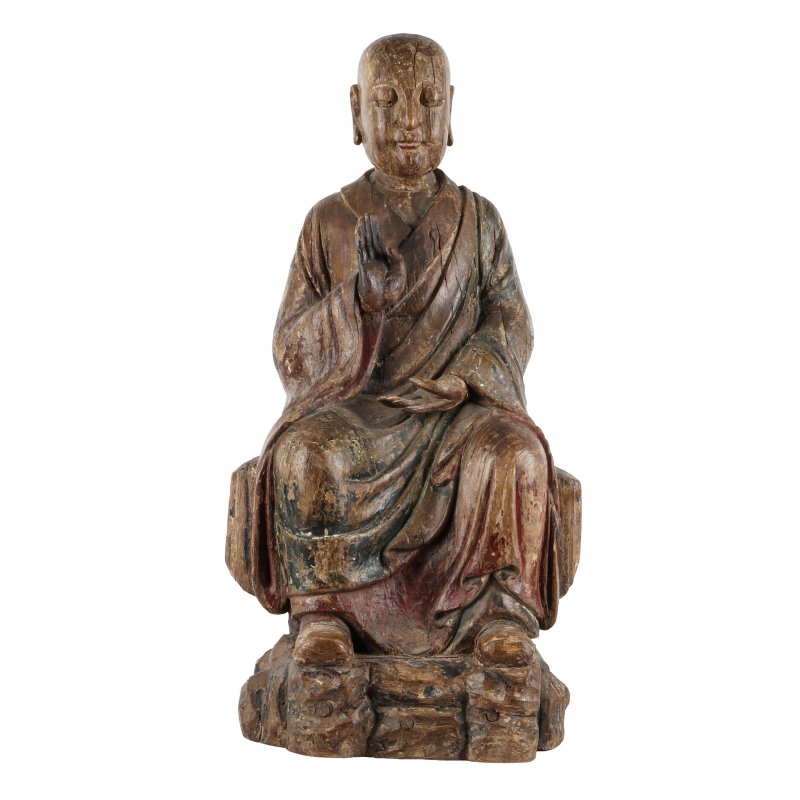 明 木雕加彩羅漢坐像 | A large Chinese polychrome wood figure of a Luohan, Ming dynasty