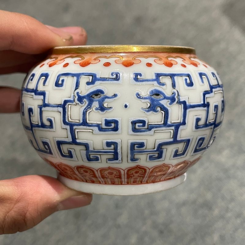 清道光 矾红料彩夔龙纹温盅 - 图21