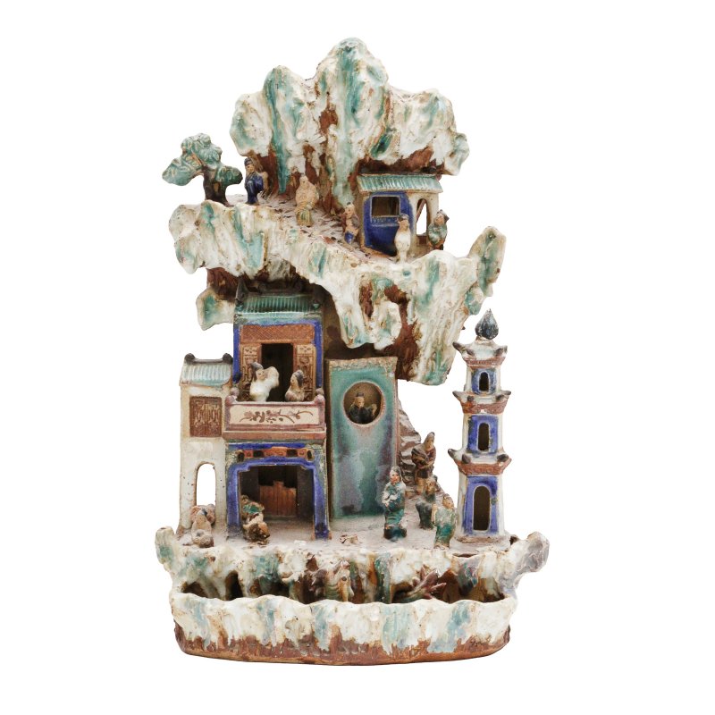 清十九世紀 石灣窯陶塑假山盆景擺件 | A Chinese Shiwan pottery mountain diorama, Qing dynasty, 19th century