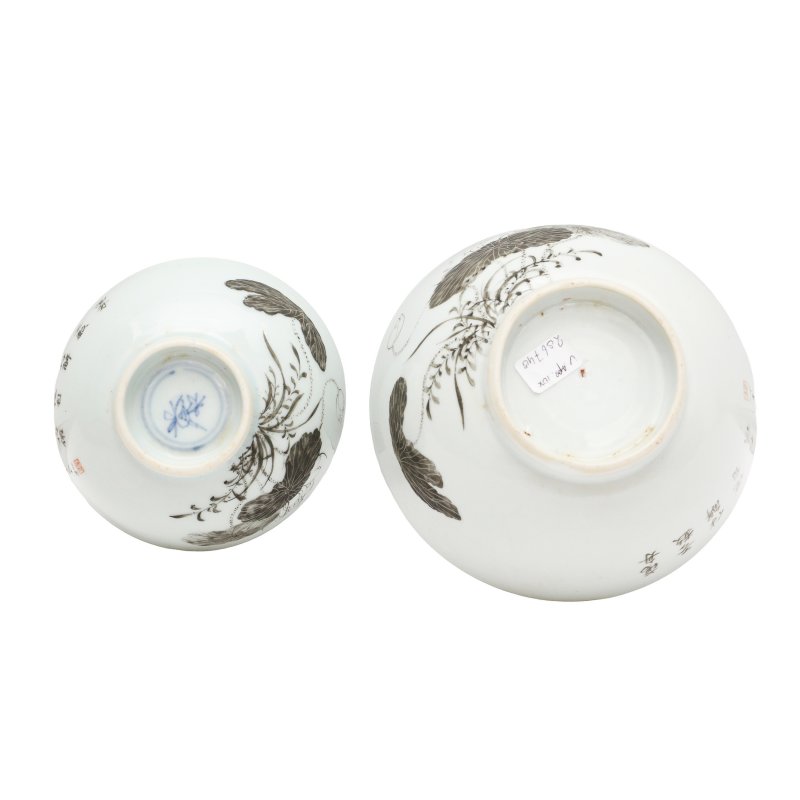民國 墨彩荷塘圖盌一組兩件 | Two Chinese en-grisaille 'lotus pond' bowls, Republic period - 图4