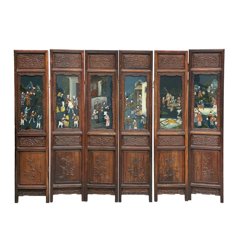 十九/二十世紀 紅木嵌彩繪玻璃人物故事圖屏風 | A Chinese hongmu six-panel 'figural' folding screen, 19th/20th century