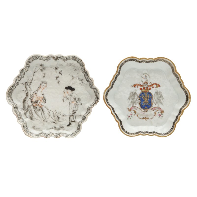 清十八世紀 紋章圖盤及西洋人物圖盤一組兩件 | A Chinese armorial saucer and a 'European subject' saucer, Qing dynasty, 18th century