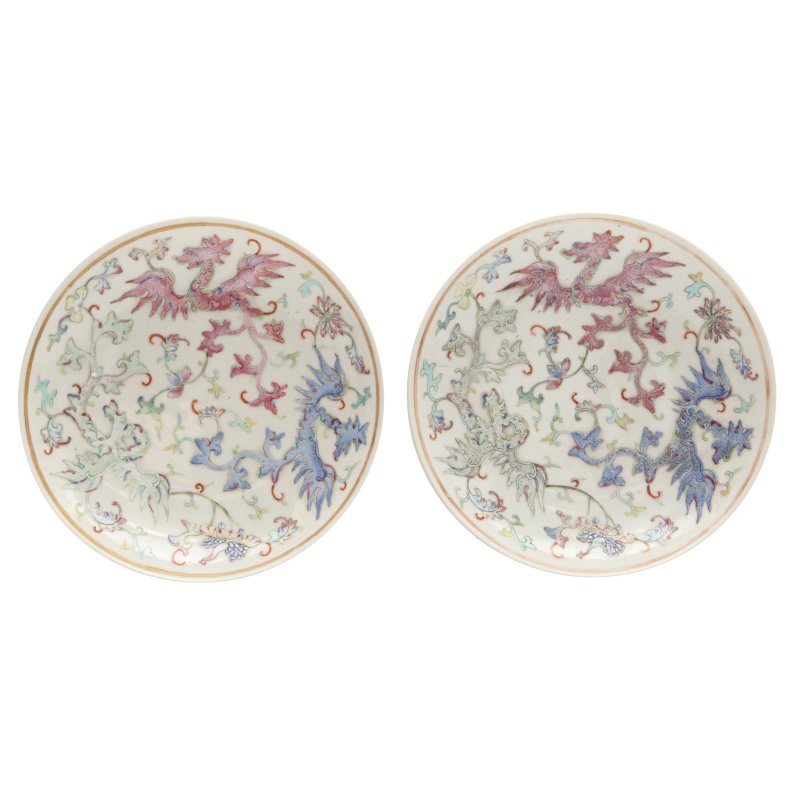 晚清 / 民國 粉彩夔鳳穿花紋盤一對 《大清光緒年製》款 | A pair of Chinese famille-rose 'phoenix' dishes, late Qing dynasty / Republic period