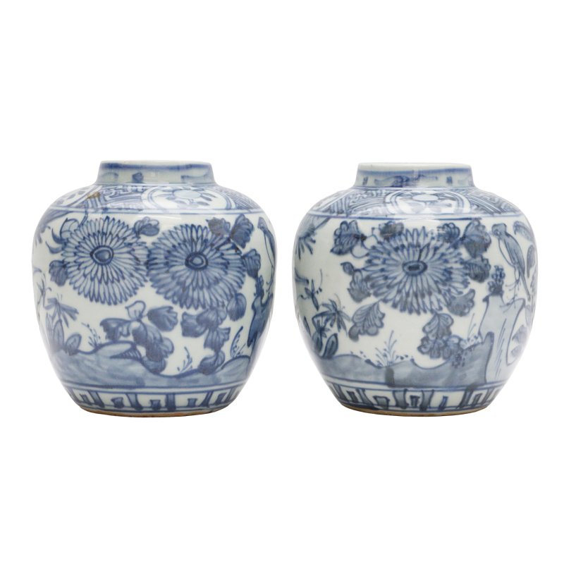 明末 青花開光花鳥紋罐一對 | A pair of Chinese Kraak blue and white jars, late Ming dynasty - 图2