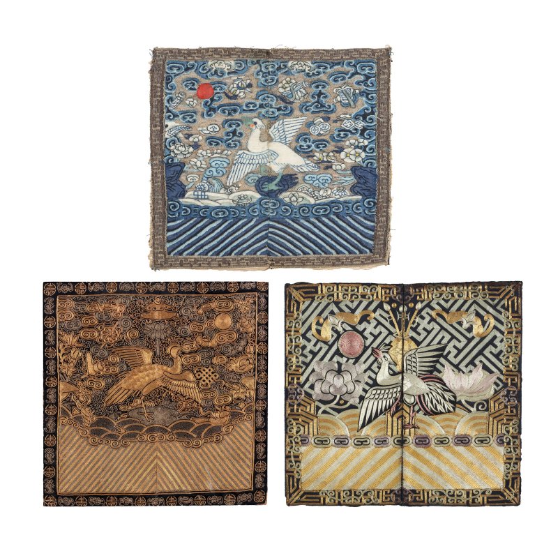 清十九世紀 刺繡文官錦雞圖補子一組三件 | Three Chinese civil official's embroidered 'pheasant' silk rank badges, buzi, Qing dynasty, 19th century