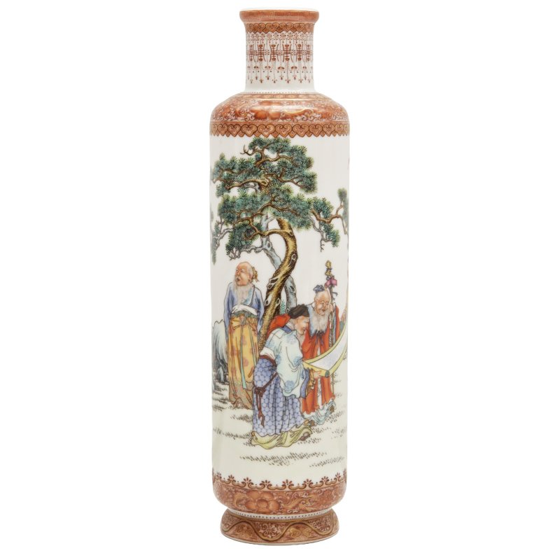 民國 粉彩松下雅聚圖筒式瓶 《懷仁堂製》款 | A fine Chinese famille-rose 'scholars' cylindrical vase, Republic period, Juren tang zhi mark