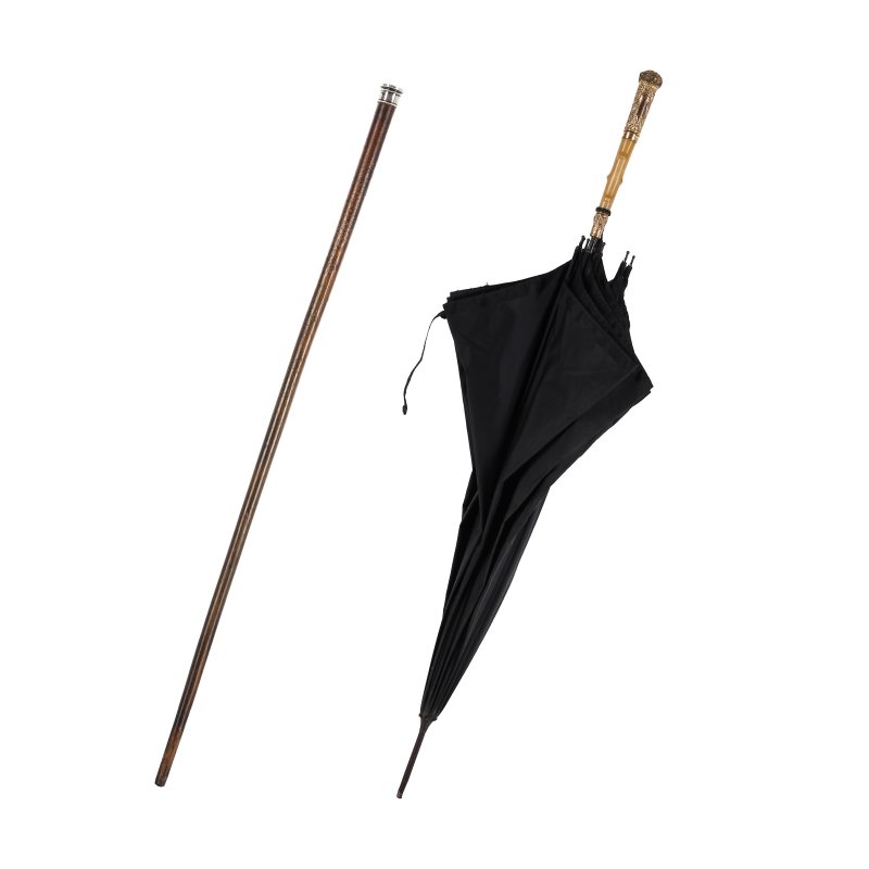 十九世紀 犀角鐓銀鐃手頭杖及雨傘一組兩件 | λ A Chinese silver-tipped rhinoceros horn walking cane and umbrella, 19th century