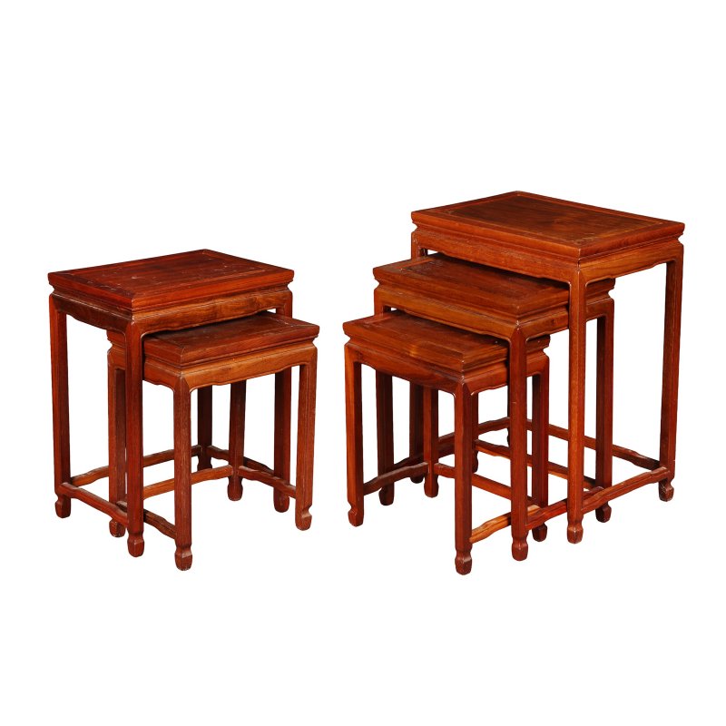 二十世紀 硬木方櫈一組五件 | A group of five Chinese wood side tables, 20th century