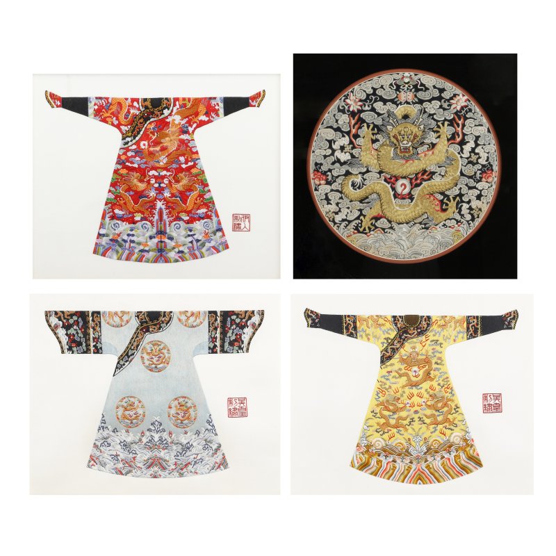 二十世紀 刺繡絲織吉服褂料片一組四件 | Four Chinese embroidered silk 'robe' panels, 20th century