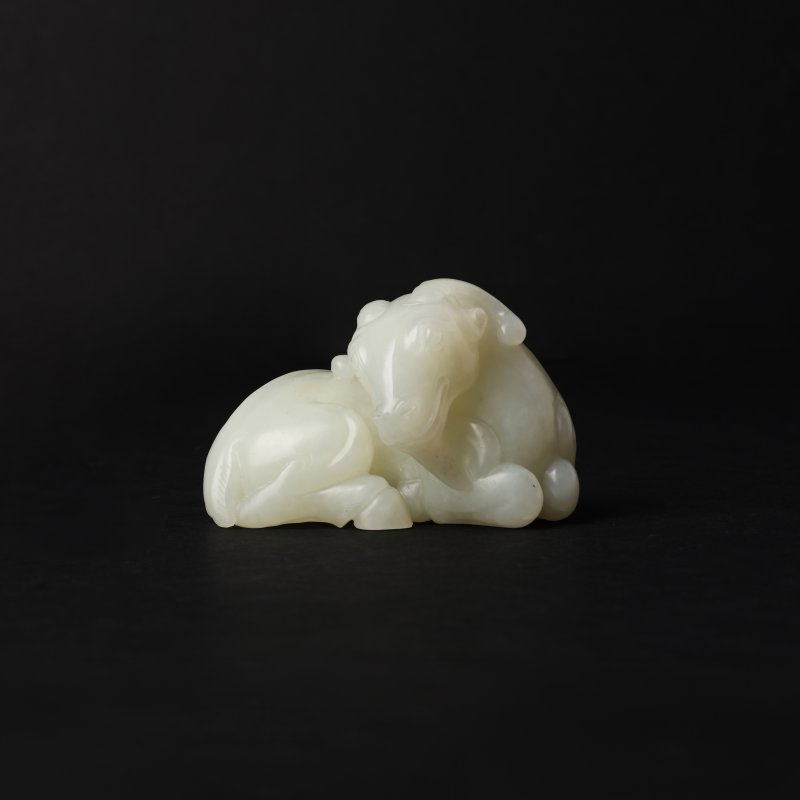 二十世紀 青白玉雕羊擺件 | A Chinese pale-celadon jade carving of a ram, 20th century