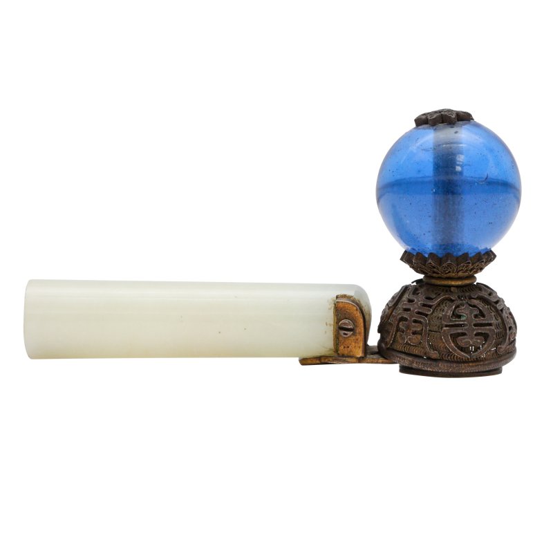 清 青玉北京藍料帽頂 | A Chinese celadon jade and peking glass mandarin hat finial, Qing dynasty