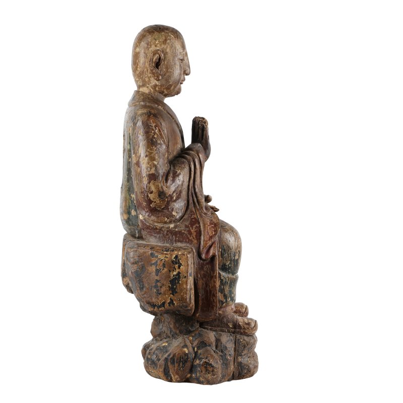 明 木雕加彩羅漢坐像 | A large Chinese polychrome wood figure of a Luohan, Ming dynasty - 图5