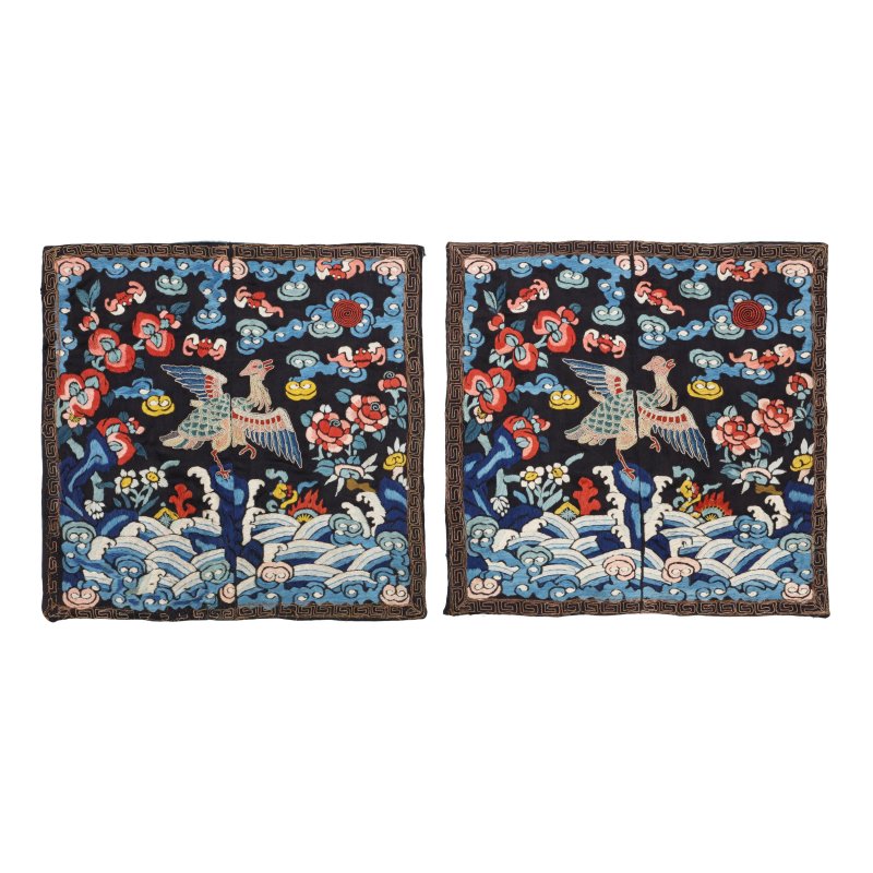 清十九世紀 刺繡文官大雁補子一對 | Two Chinese civil official's embroidered 'wild goose' silk rank badges, buzi, Qing dynasty, 19th century