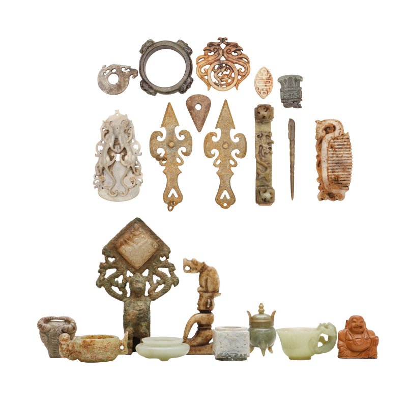 二十世紀 仿古玉及硬石雕一組二十一件 | A group of Chinese archaistic jade and hardstone carvings, 20th century