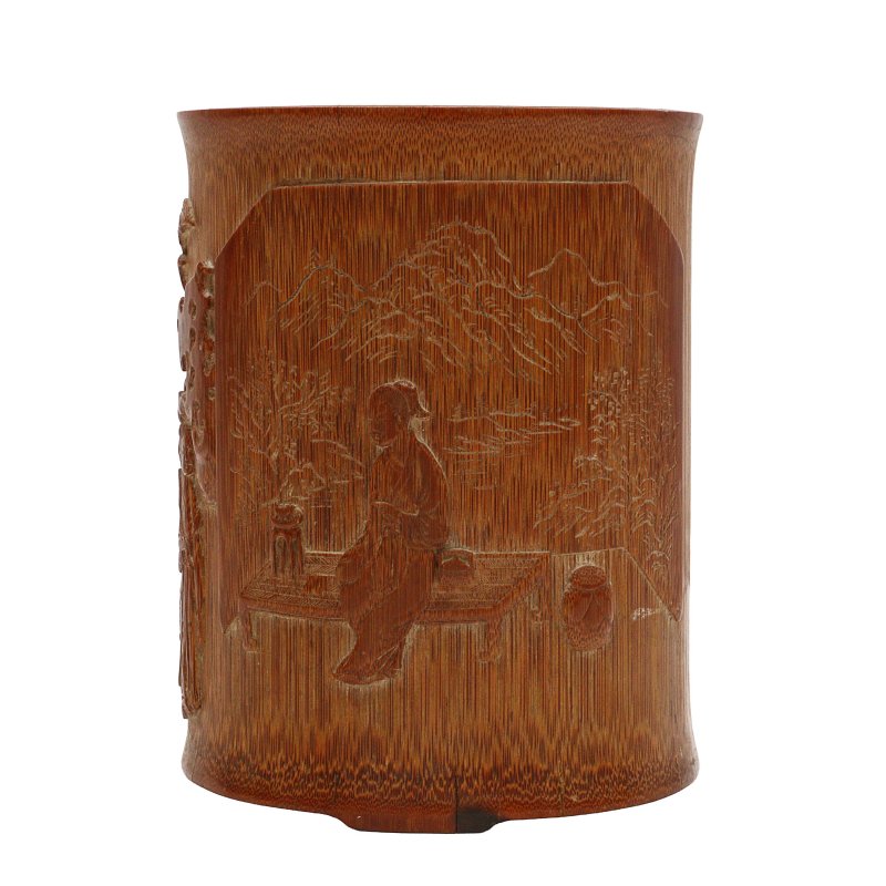 清 竹雕高士圖筆筒 | A Chinese carved bamboo brush pot, bitong, Qing dynasty, signed Mei Lin