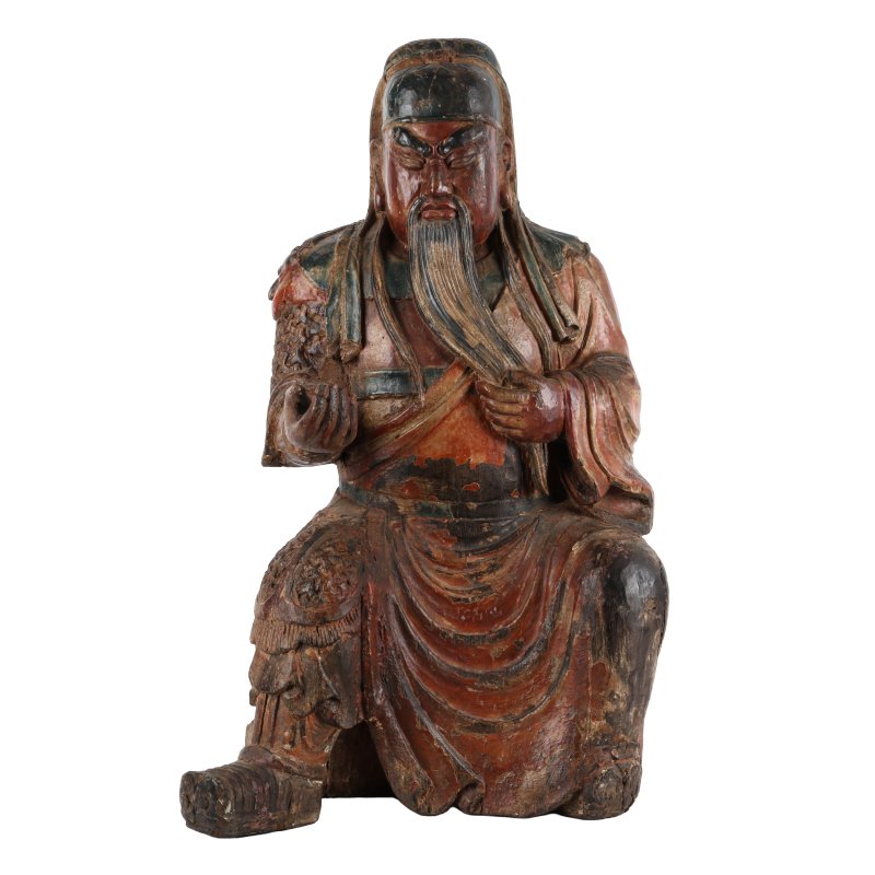明至清 木雕加彩關帝坐像 | A large Chinese polychrome wood figure of Guan Yu, Ming-Qing dynasty