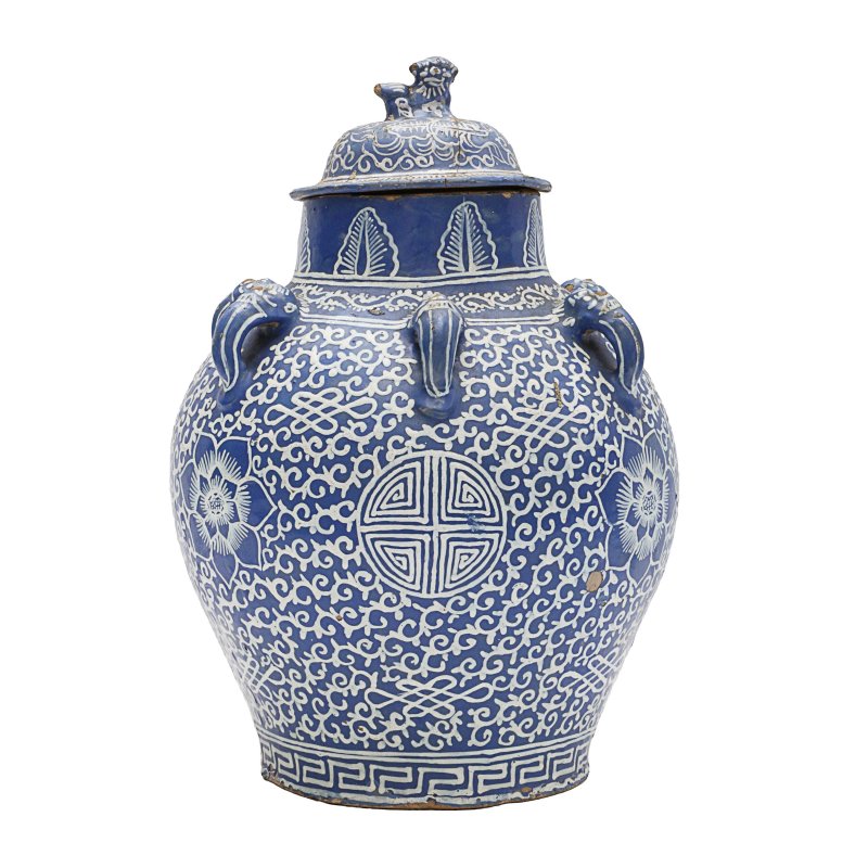 清 或為石灣窯 泥彩繪蓋罐 | An unusual Chinese slip-decorated jar and cover, Qing dynasty, probably Shiwan kilns