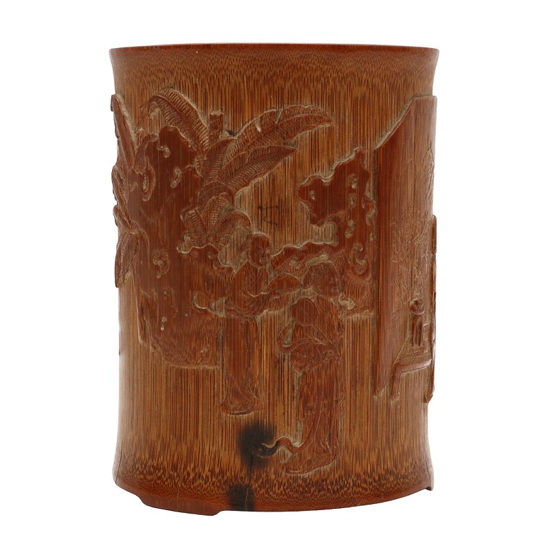 清 竹雕高士圖筆筒 | A Chinese carved bamboo brush pot, bitong, Qing dynasty, signed Mei Lin - 图2