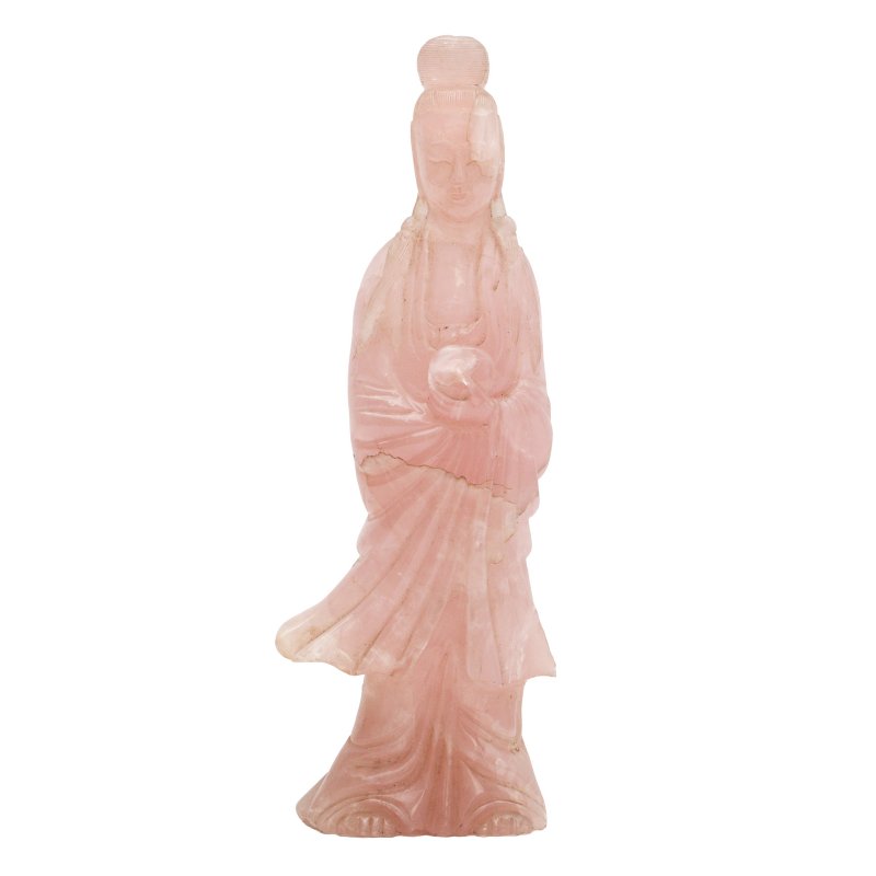 十九世紀 粉晶雕觀音菩薩立像 | A Chinese rose quartz carved figure of Guanyin, 19th century