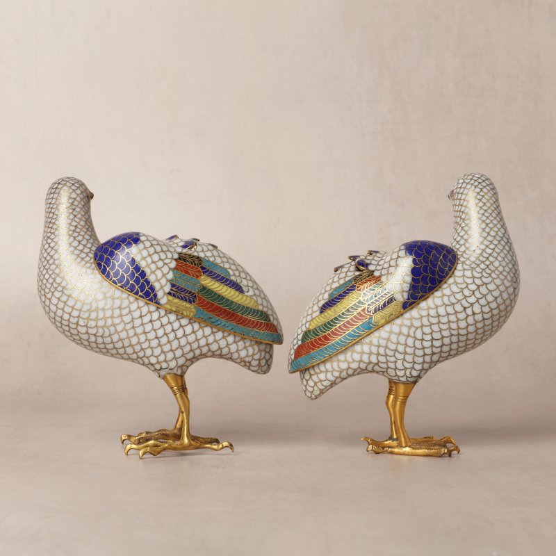 清十八世紀 掐絲琺瑯銅鍍金鵪鶉式香爐一對 | A pair of Chinese cloisonné enamel and gilt-bronze quail-form censers, Qing dynasty, 18th century - 图6