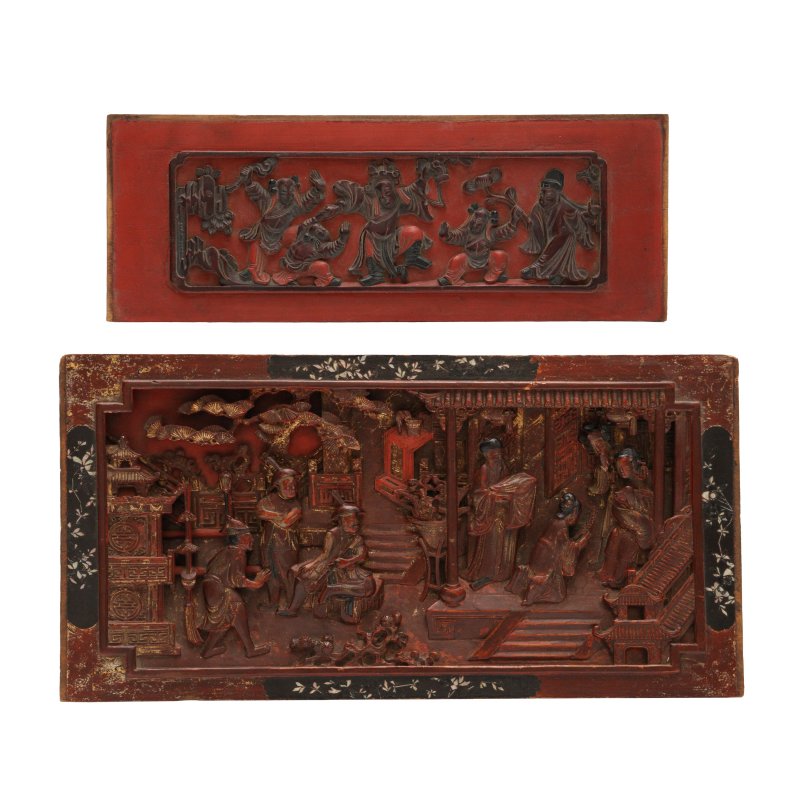十九/二十世紀 木雕人物故事圖板一對 | Two Chinese carved wooden panels, 19th/20th century