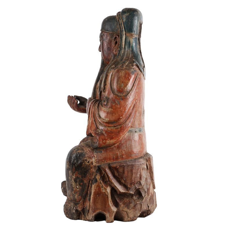 明至清 木雕加彩關帝坐像 | A large Chinese polychrome wood figure of Guan Yu, Ming-Qing dynasty - 图2