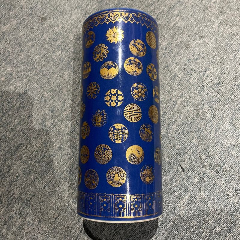 清光绪 霁蓝描金皮球花纹帽筒 - 图8