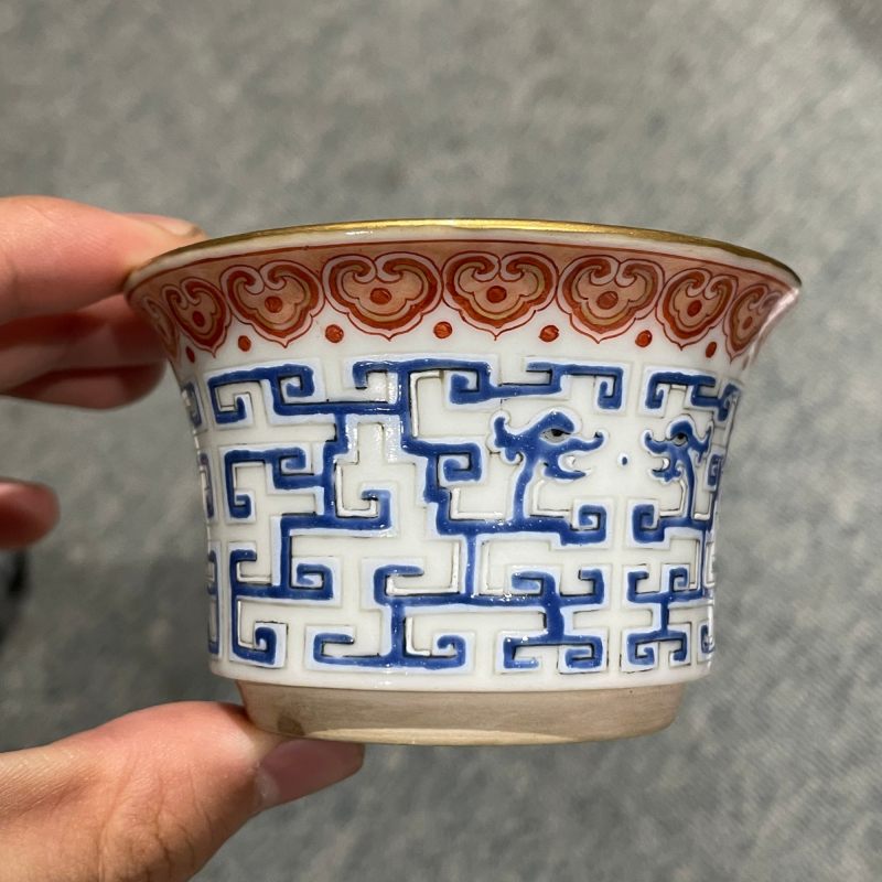 清道光 矾红料彩夔龙纹温盅 - 图17