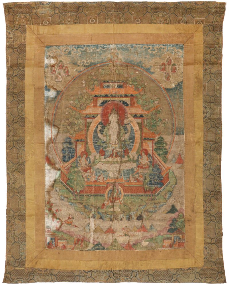 十八至十九世紀 西藏彩繪四臂觀音唐卡 | A Tibetan painted thangka of Shadakshari Lokeshvara, 18th-19th century