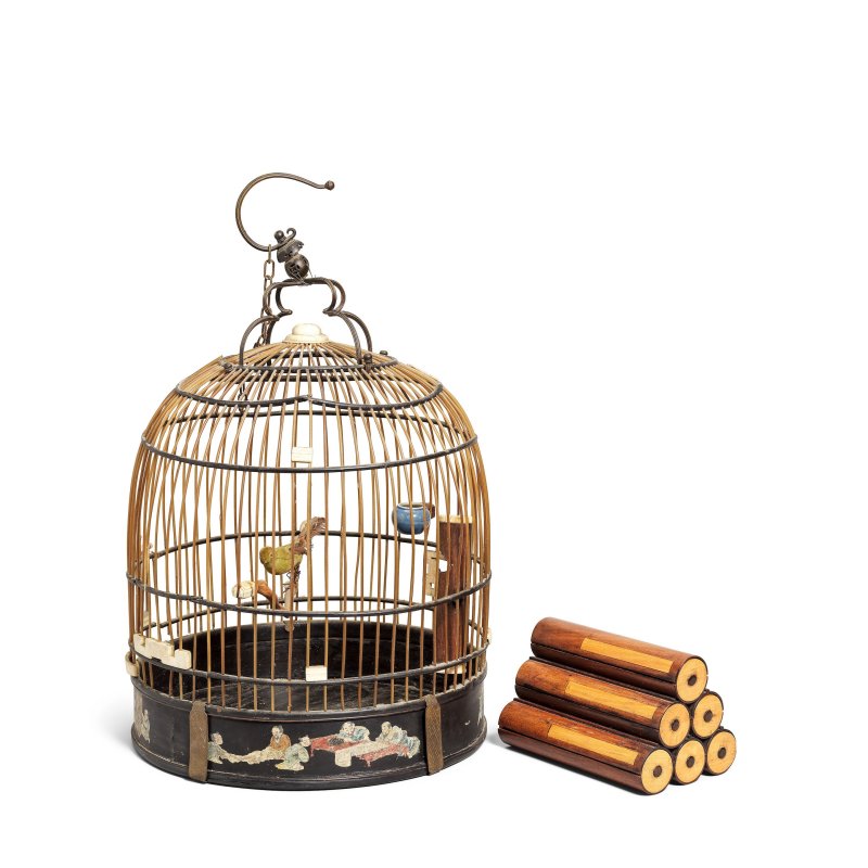 二十世紀 竹鳥籠及紅木疊卷盒 | A BAMBOO BIRD CAGE AND A CARVED HONGMU 'SCROLL PILE' BOX