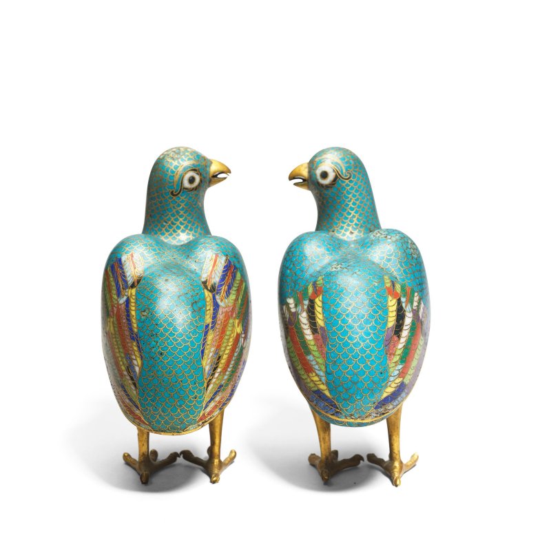 清中期 銅胎掐絲琺琅鵪鶉香爐四件 | A NEAR PAIR AND TWO CLOISONNÉ ENAMEL 'QUAIL' INCENSE BURNERS AND COVERS - 图4