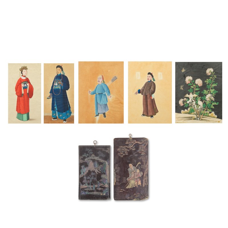 康熙及十九世紀 黑漆嵌螺鈿屏、彩漆屏及外銷畫五幅 | A MOTHER-OF-PEARL LACQUER PANEL, A COROMANDEL LACQUER PANEL AND FIVE EXPORT PAINTINGS - 图1